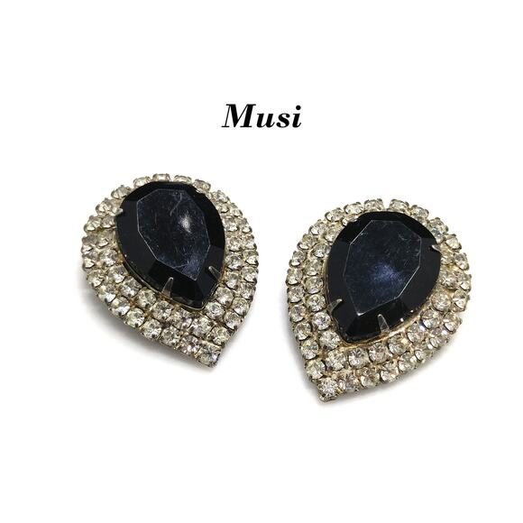MUSI Vintage Shoe Clips Black Glass Teardrop & Clear Rhinestones Prong Set - Picture 1 of 10